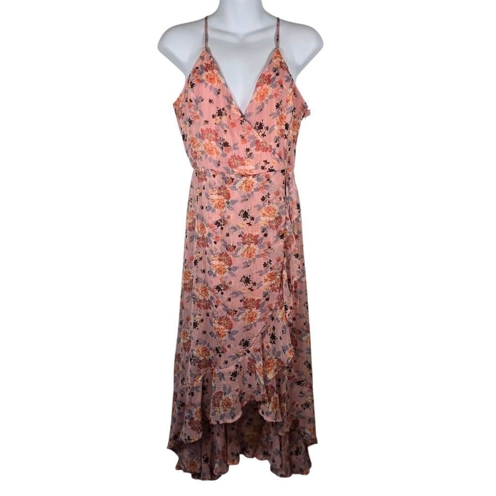 Altar'd State Paulette Pink Floral High Low Dress With Gold Thread Size M